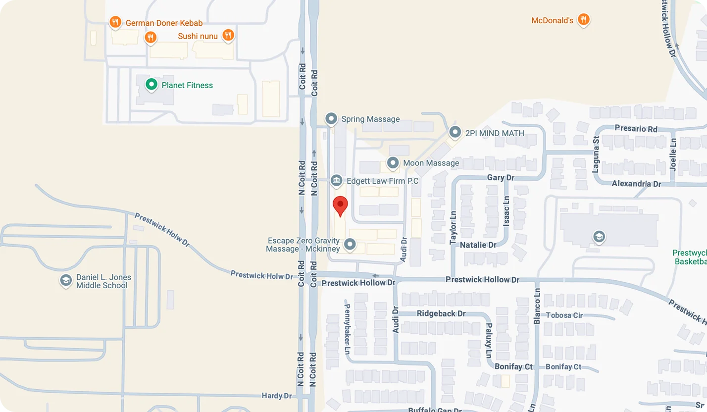 Map to the Bhanzu Learning Center, 1400 N Coit Rd, Suite 1602, McKinney, TX