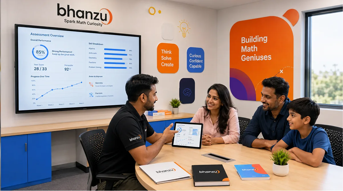 Parents reviewing an assessment report with a Bhanzu trainer