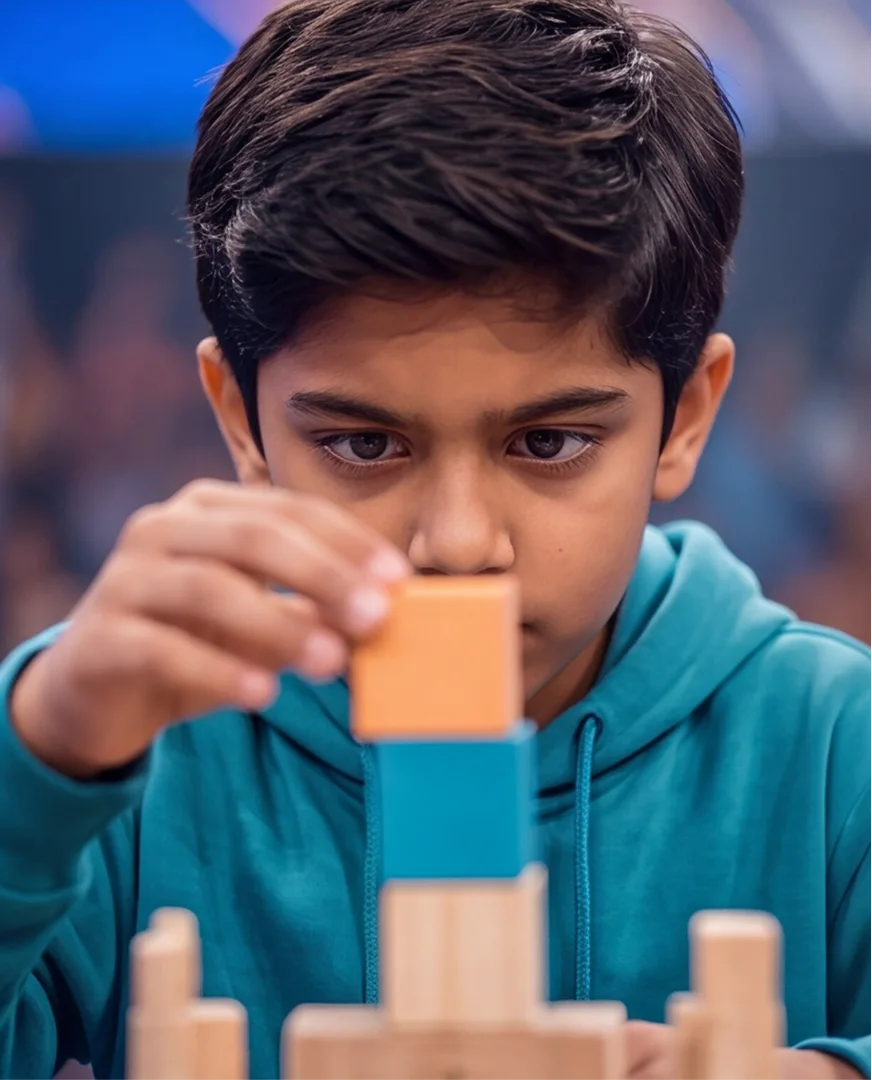 Math Bee game-show arena with spotlights, audience and kids at podiums